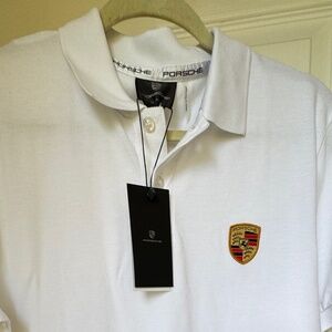 Porsche Crest White Polo Shirt Mens Side Slits 100% Cotton NWT Size S